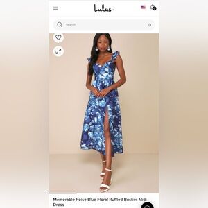 Lulu’s Memorable Poise Blue Floral Ruffled Bustier Midi Dress NWT